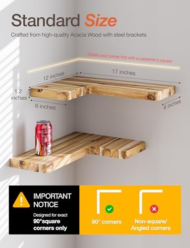 BATODA Acacia Corner Floating Shelves 17“x12”, Wall Shelves - Floating Book Shelves for Wall, Corner Bookshelf for Home 