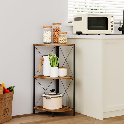 Snughome Corner Shelf with Metal Frame, 3 Tier Rustic Corner Storage Organizer, Freestanding Corner Bookshelf Stand Disp