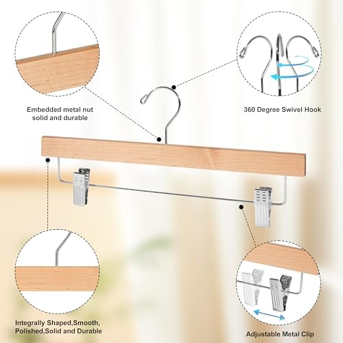 Quality Hangers Wooden Pants Hangers - 20-Pack Swivel Hook Cloth Hanger Set - Lotus Wood Skirt, Pant, Shorts and Slack Hangers with Adjustable Clip (Natural, 20)