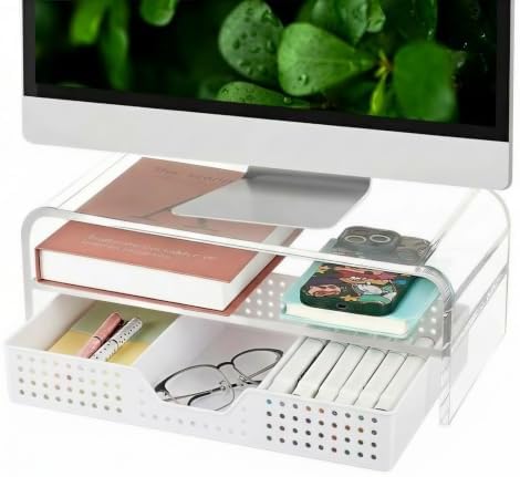 OPNICE Desk Organizer and Accessories, 2-Tier Computer Monitor Stand Riser with Drawer and 2 Pen Holders, Laptop Stand, 