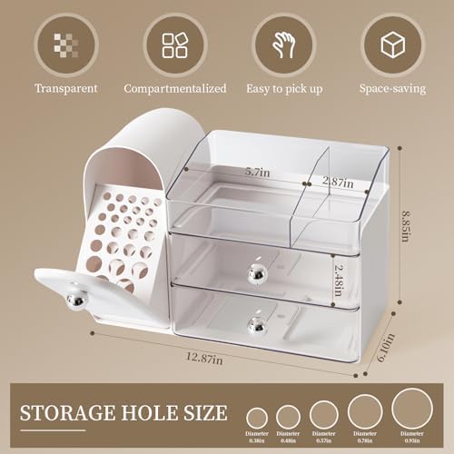 Makeup Organizer with Brush Holder for Vanity, Large Cosmetic Display Cases with 2 Drawers, Skincare Organizer for Bathr