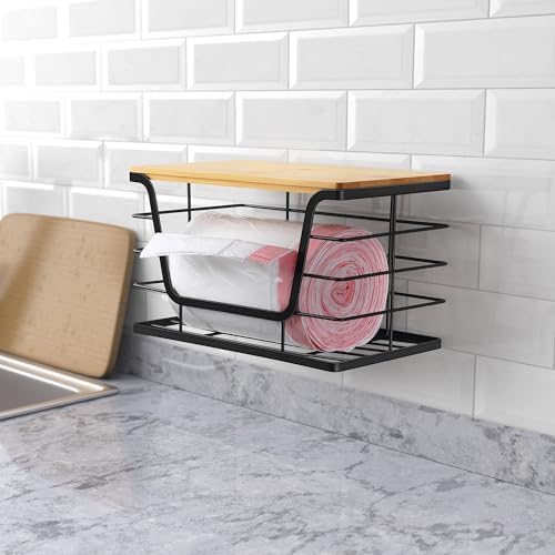 ALOCEO Extra Large Trash Bag Holder Dispenser With Bamboo Top, Wall Mounted Garbage Bag Dispenser Roll Holder for Kitche