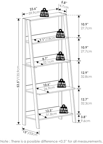 Furinno Ladder 5-Tier Book Shelf, Leaning Standing Shelf, White