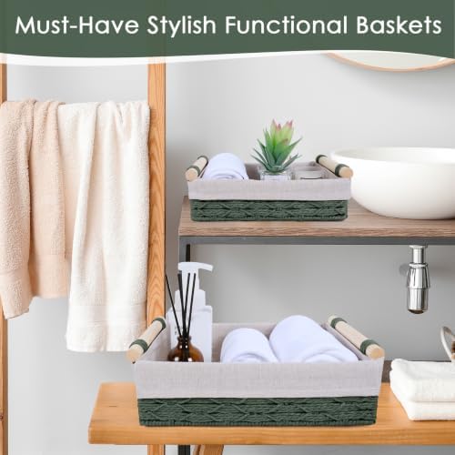 Wicker Storage Basket with Wooden Handle – Paper Rope Decorative Toilet Paper Baskets & Bathroom Organizer for Toilet Ta