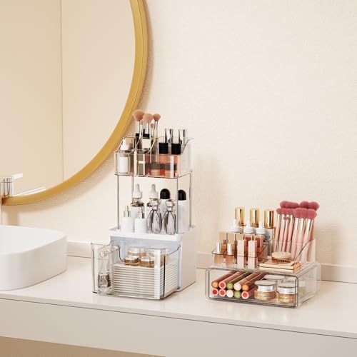 Bathroom Counter Organizer Clear - 2Pcs Stackable Makeup Countertop Organizer for Vanity - Multi-Purpose Skin Care Lipst