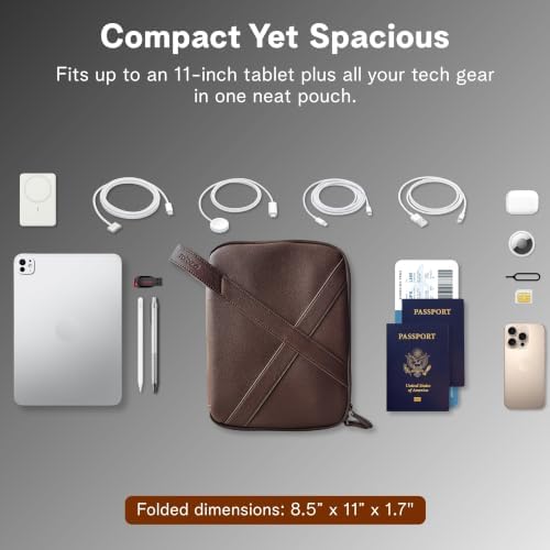rofozzi Vegan Leather Travel Tech Pouch, Electronics & Cable Case Organizer with Padded 11-Inch Tablet Sleeve and Passpo