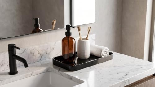XL Rectangular Composite Granite Vanity Tray & Kitchen Organizer - Waterproof Stone Stand, 11.6" x 6.3" (Black, Extra La