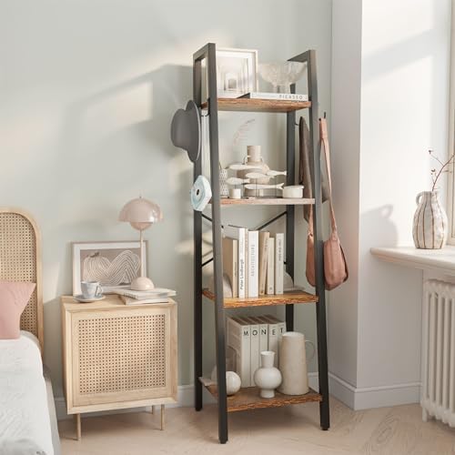 YMYNY 4 Tiers Ladder Bookcase, Industrial Narrow Bookshelf, Open Display Rack with 4 S Hooks, Metal Storage Shelves for 