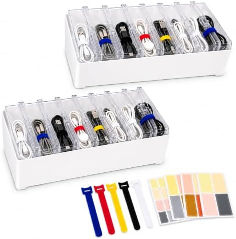 Cable Organizer Storage Box 2 Pack with 14 Clear Cases for Cords & Wires