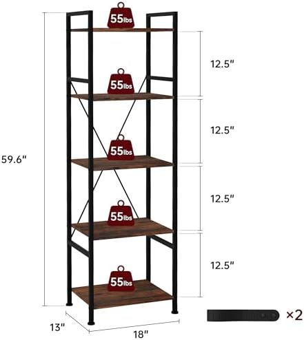 5 Tier Industrial Bookshelf, Storage Organizer, Rustic Brown