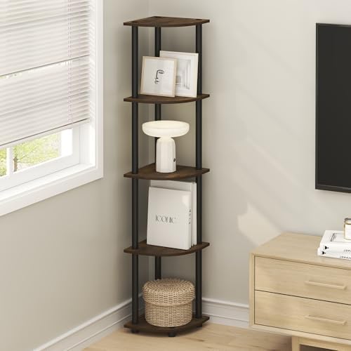 Furinno Turn-N-Tube Corner Shelf, 5-Tier Corner Bookshelf, Open Storage Shelves, for Organization and Storage, Living Ro
