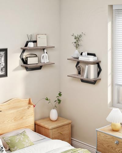 CHOEZON Hexagon Floating Shelves for Wall, Set of 2, 2 -Tier Hanging Shelves, Wall Mounted Storage Shelves, for Living R