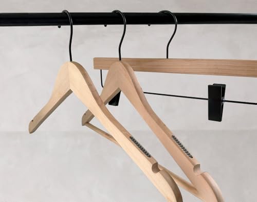 NAHANCO Wooden Shirt Hanger, 17” Raw Finish w/Black Hook (Pack of 25)