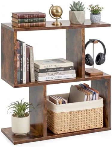 Tangkula 3 Tier Geometric Bookshelf, S Shaped Open Bookcase (Coffee, 1)