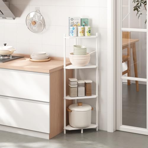 Wisuce White Small Corner Shelf Stand, 4-Tier Bamboo Corner Bookshelf