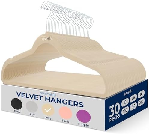 SereneLife 30-Pack Ivory Velvet Clothes Hangers, Non-Slip Heavy Duty