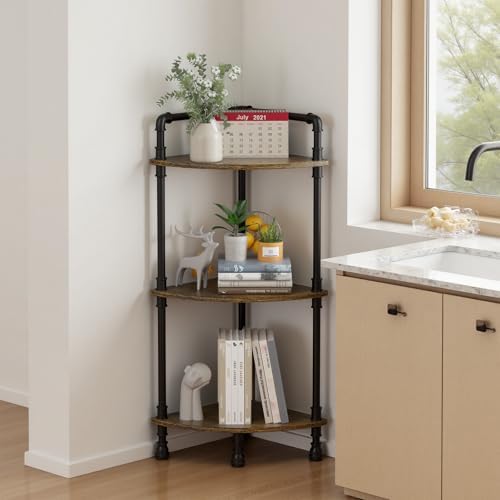 Aduanbang Fun Memories 3-Tier Corner Shelf Stand, Grey Storage Bookshelf for Bathroom, Living Room, Kitchen, Home Office