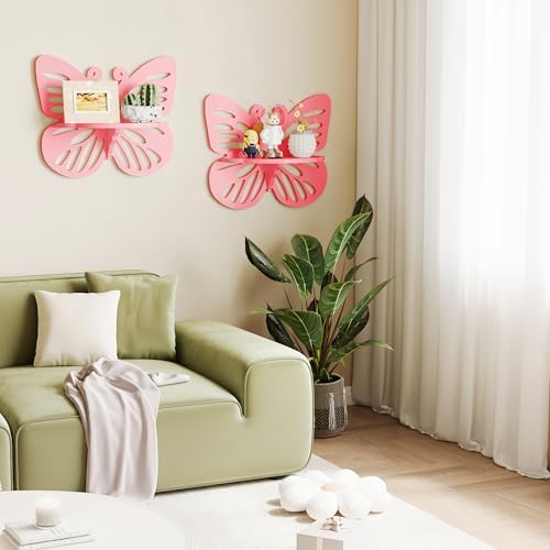 2-Tier Butterfly Wall Shelf - Nursery Decor Pink Floating Corner Shelves, Cute Wall Display Rack Bookshelf for Kid’s Roo