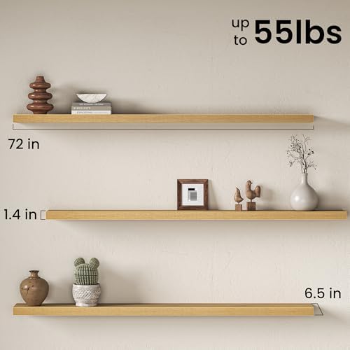 72 Inch Floating Shelves for Wall, Rustic Wood Wall Mounted Deep Storage Shelves with Invisible Brackets, Panoramic Deco