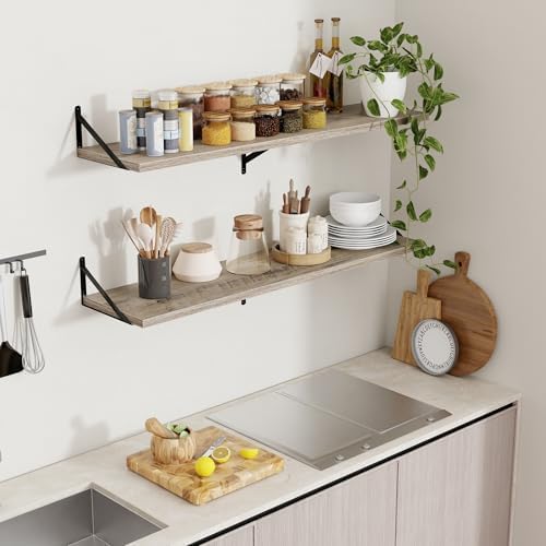 Axeman 12 Inch Deep Floating Shelves for Wall - 48 Inch Wide x 12 Inch Deep Wall Shelves Set of 2 - Rustic Grey Wood Flo