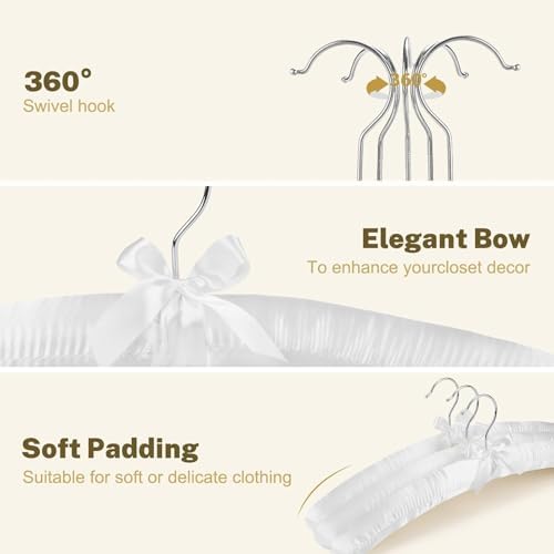 HOUSE DAY 4 Pack White Satin Padded Hangers for Women Clothing, 17 Inch