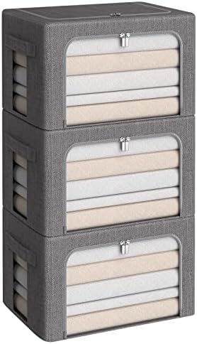 CYhom 3Pack Foldable Storage Bins - Frame Storage Box Linen Fabric Stackable Clothes Container Organizer with Clear Wind