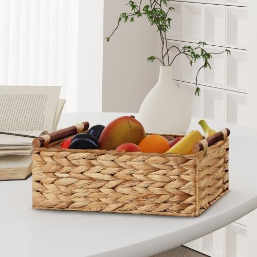 Vagusicc Wicker Storage Basket, Set of 2 Hand-Woven Water Hyacinth Wicker Basket for Organizing with Handle Decorative S