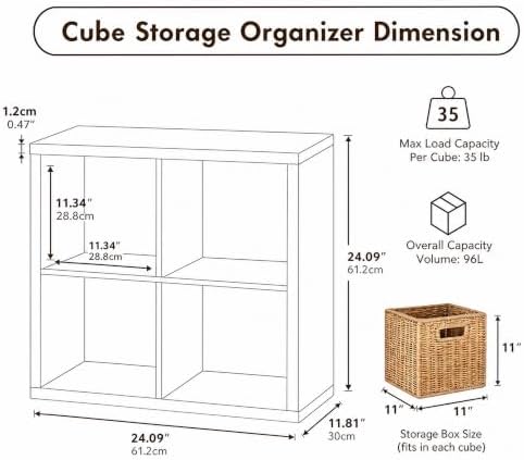 4 Cube Storage Organizer with Back Panel, Cube Bookshelf, White