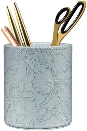 Round Leather Pen Holder for Desk, Desktop Organizer, (Carved Blue)