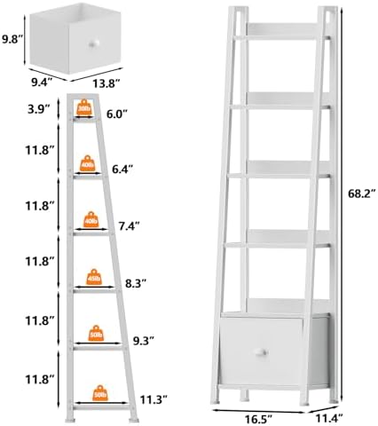 Furologee 6 Tier Ladder Shelf, Tall Ladder Bookshelf with Fabric Drawer