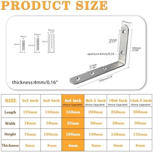 Alise 4mm Thick L Bracket for Shelves,6x4 Inch Shelf Bracket Brushed,4 Pcs