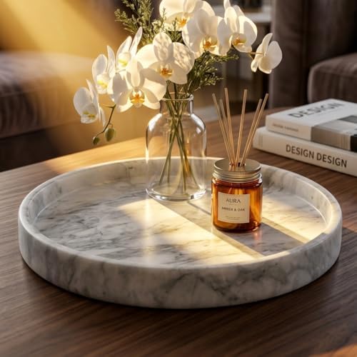 Round Grooved Marble Tray, 10-Inch Polished Natural Stone Serving Platter | Heavyweight 5lb Decorative Vanity Tray for K