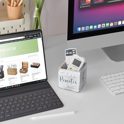 DRASTAR Remote Control Holder, Wood TV Remote Holder, Remote Storage Caddy, Remote Control Organizer (Retro White, 1 Slot)
