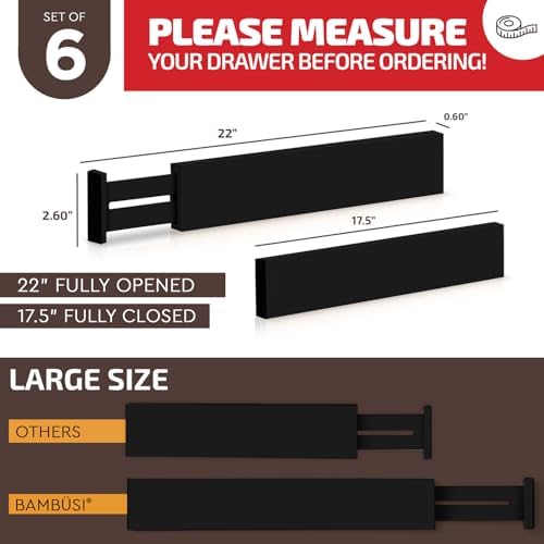 6-Pack Drawer Dividers 2.6-Inch High Dresser Organizer 16 to 22 Inch, Black