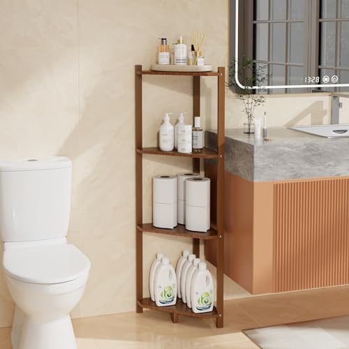 Wisuce Bamboo Small Corner Shelf Stand, 4-Tier Brown Corner Bookshelf