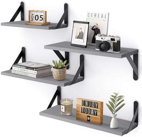 YGEOMER 4 Different Sizes Floating Shelves for Wall Home Decor, Grey