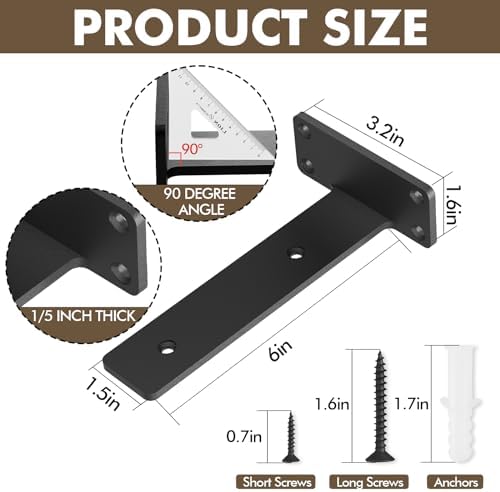 4 Pack Heavy Duty Metal Shelf Brackets 6 inch Long,Black