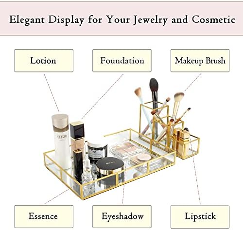 Gold Metal Frame and Glass Vanity Tray Set, Large Decorative Platform for Perfumes, Makeup Brushes, Jewelry Display, Off
