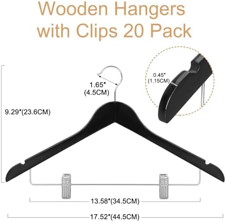 TOPIA HANGER Wooden Suit Hangers with Adjustable Metal Clips (20 Pack), Solid Wood Coat Hangers, 360° Swivel Hook, Premium Clothes Hangers for Jacket, Pant, Jeans, Blouse-Black, CT28B20