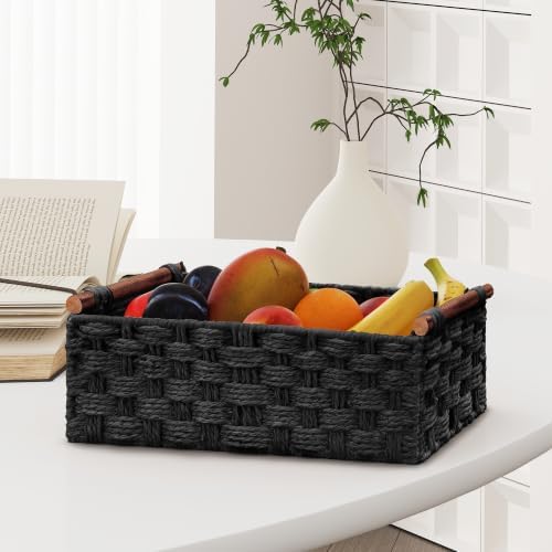 Vagusicc Wicker Storage Basket, Set of 2 Hand-Woven Paper Rope Wicker Basket for Organizing with Handle Decorative Stora