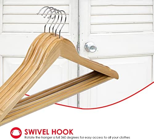Home Basics 5 Pack Wooden Non-Slip Suit Hangers with Pants Bar – Smooth Finish Solid Wood Coat Hanger 360° Swivel Hook a