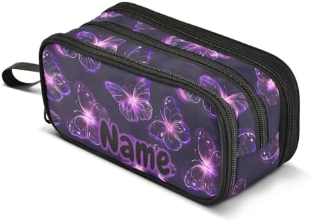 Custom Butterflies Purple Neon Pencil Case Box Boys Girls Personalized Name Large Pencil Pouch Stationery Pen Bag Organizer for Kids Adults School Office