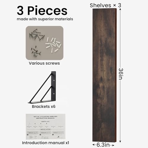 BAYKA 36" Long Wall Mounted Floating Shelves (Rustic Brown, Set of 3, 36")