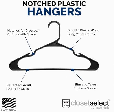 Closetselect Plastic Hangers 50 Pack - Space Saving Clothes Hangers, Made in USA, Durable & Strong Plastic Shirt & Coat Hanger with Notches & Shoulder Grooves, Non-Slip Clothing Hangers | Black