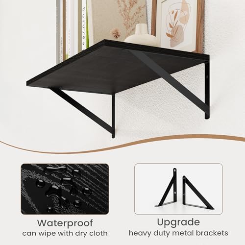 Heimlove Black Deep Floating Shelves for Wall, 16W x 8D Wood Wall Shelves Set of 2, Wide Floating Bookshelf for Living R