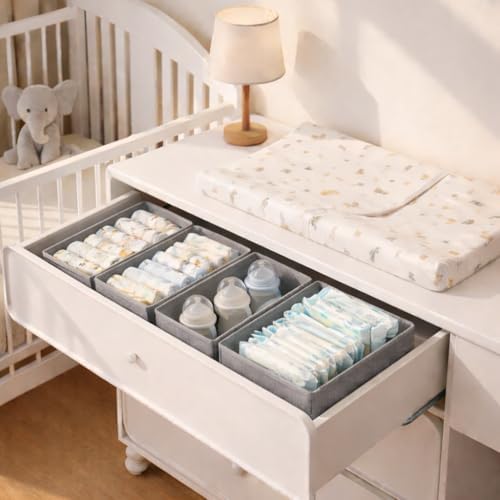 DIMJ Drawer Organizer Clothes - Small Dresser Organizer Underwear Drawer Organizer for Baby Clothes, Socks, Underwear, Bra, Belt, Tie - Grey