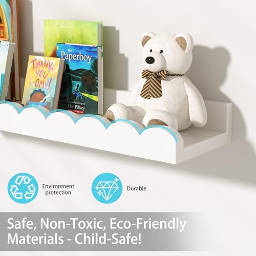 White Scalloped Nursery Shelves for Wall, 4-Pack Floating Book Shelves for Kids Room, Wall Mounted Kids Bookshelves for Bedroom, Playroom, Book and Decor Display