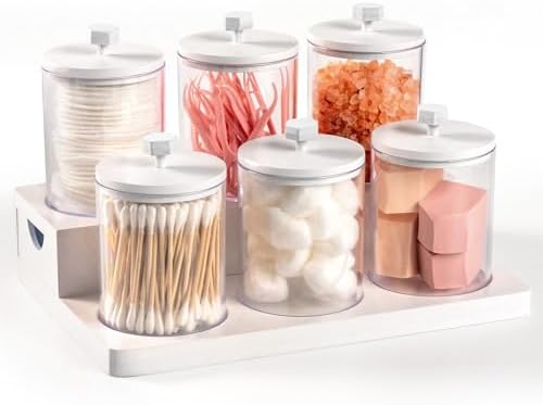 Tektalk 6 Pack Acrylic Qtip Holder Dispenser with Bamboo Lids & Vanity Tray, for Cotton Swabs, Balls, Pads, Floss Picks,