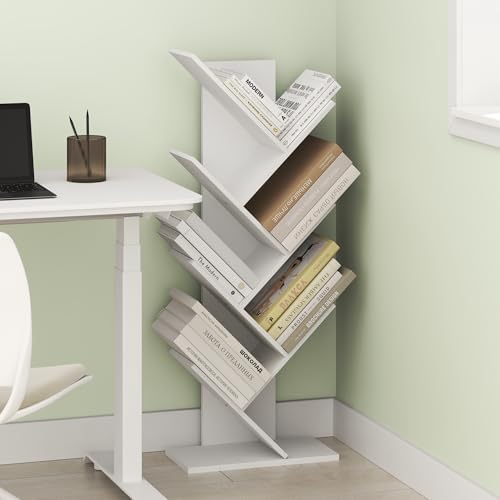 Ipoh Tree Book Shelf, 7-Tier Tree Bookcase, for Narrow Space, Books, CDs, Magazines, White