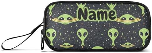 Custom Green Aliens Space Pencil Case Box Boys Girls Personalized Name Large Pencil Pouch Stationery Pen Bag Organizer for Kids Adults School Office